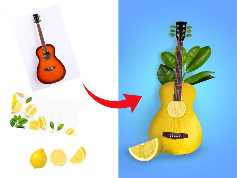 Die Kombination von Zitrone und Gitarre mag erstmal verrückt klingen, aber genau das macht die Magie des Photoshop-Composings in unseren Augen aus.