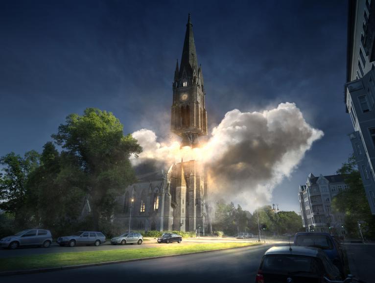 Ignition: Die Wolken und der Kirchturm wurden fotografiert. Mit CGI montierte Uli Staiger in Photoshop noch die Triebwerke hinzu.