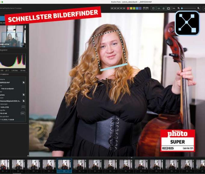 Excire zeigt selbst Bilder mit 100 Megapixel in Sekundenbruchteilen an. Vorschaubilder gibt es in der neuen Version sogar in hoher Auflösung – ebenfalls im Expressmodus. Die automatische Personenund Gesichtserkennung ist die Spezialität von Excire und signalisiert mit farbiger Markierung, ob ein Gesicht wirklich im Fokus ist.
