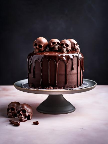 Eine Schokoladen-Halloween-Torte mit kleinen Totenköpfen aus Schokolade – Ericas Vorstellung einer gruselig-leckeren Verführung.